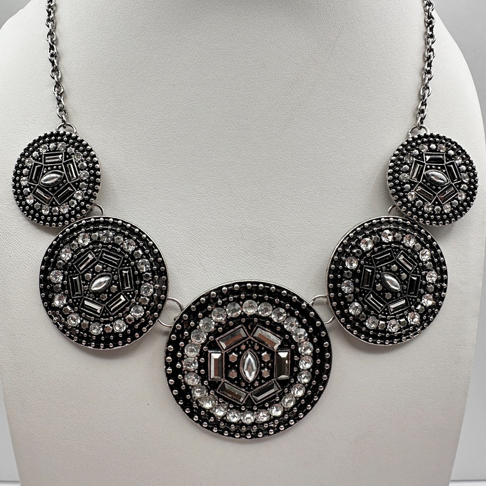Vintage Y2K Silver Geometric Medallion Rhinestone Statement Necklace Boho Deco